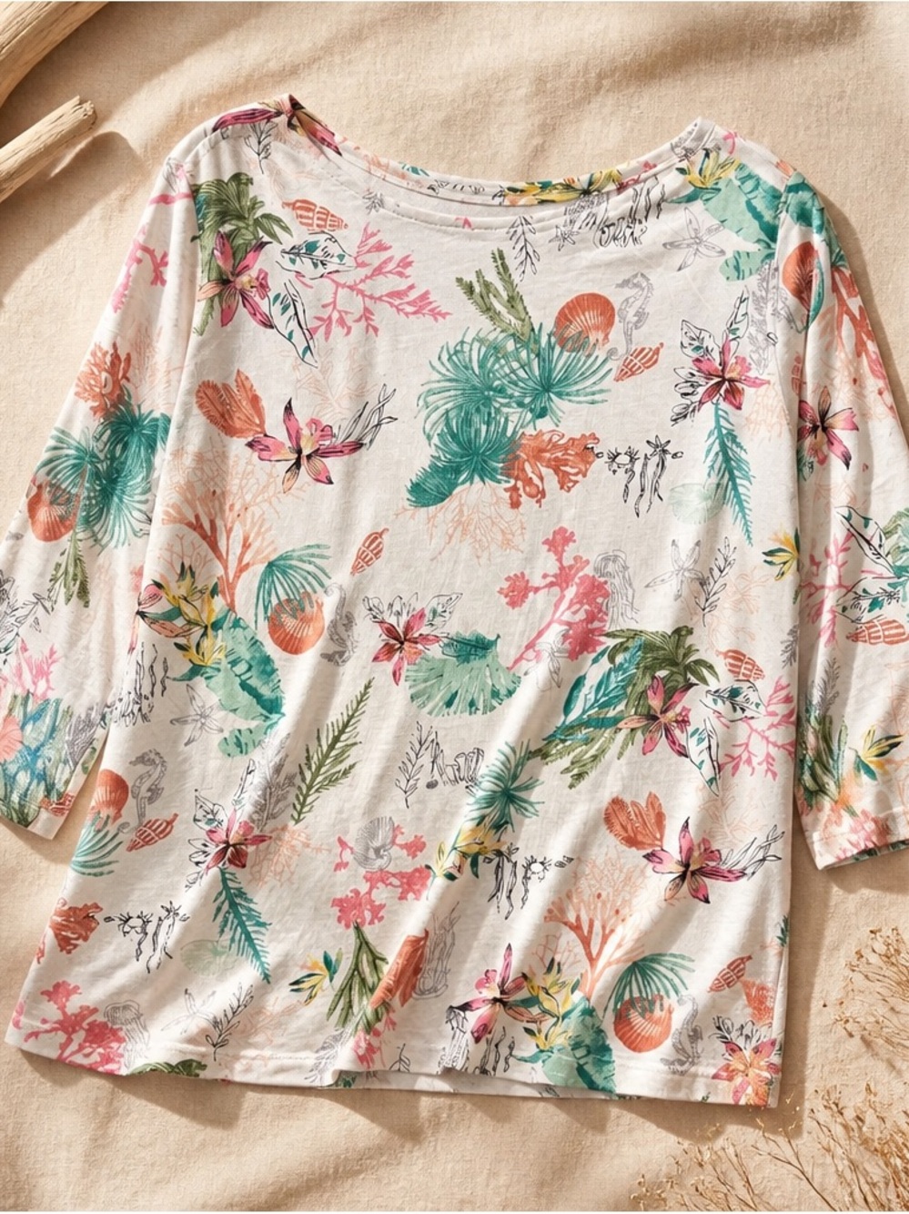 CJ Banks Floral Print Cream Top with Multicolor Leaves